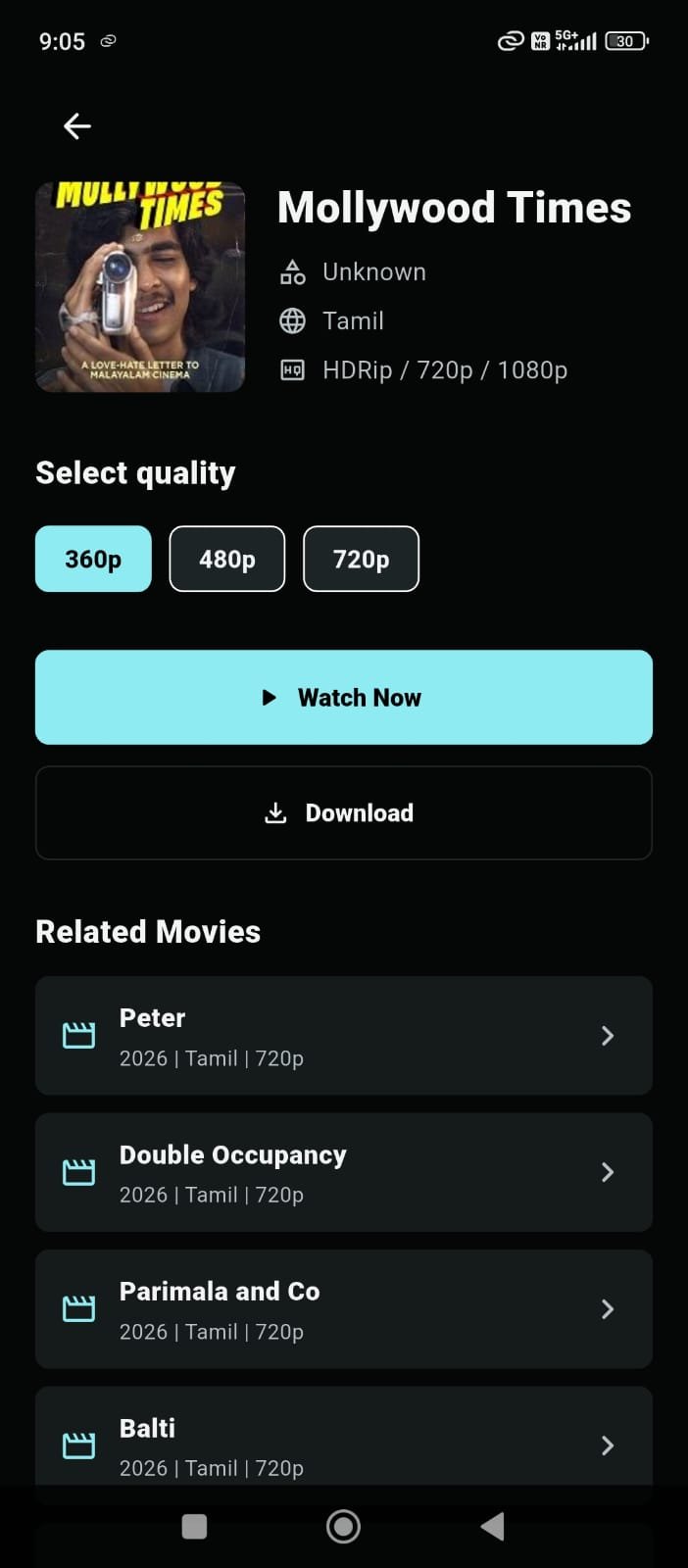 Movie details screen with quality selection