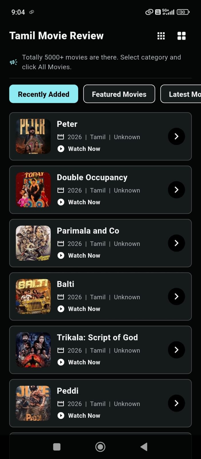 Tamil Movie Review home screen showing recently added movies